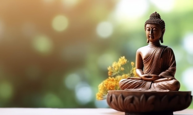 Buddha statue with a bodhi tree in the background