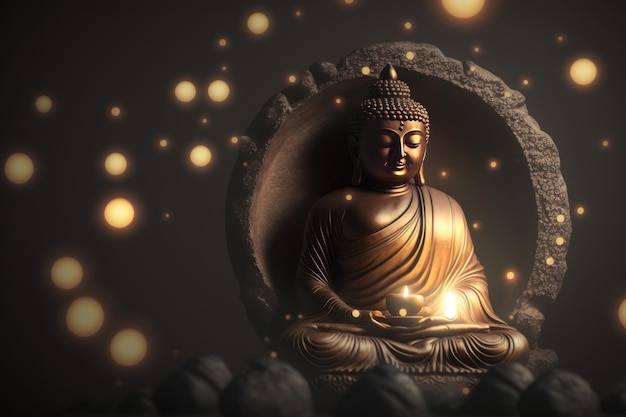 Buddha statue with Candle light Buddha purnima Vesak day background Generative ai