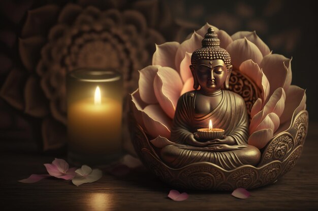 Buddha statue with Candle light Buddha purnima Vesak day background Generative ai