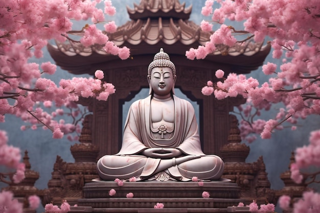 Buddha statue with cherry blossom background