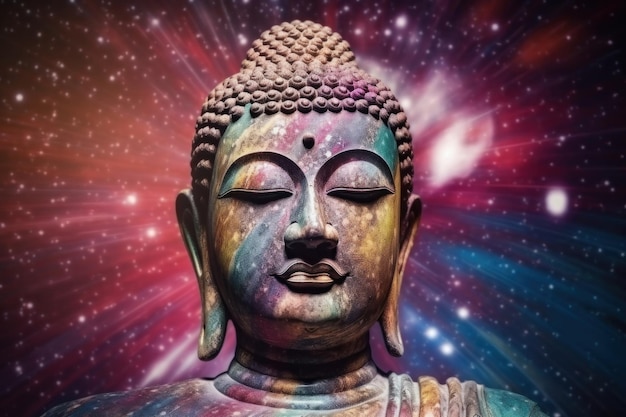 A buddha statue with a rainbow colored background.