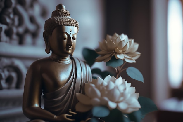 A buddha statue with white flowers in the background