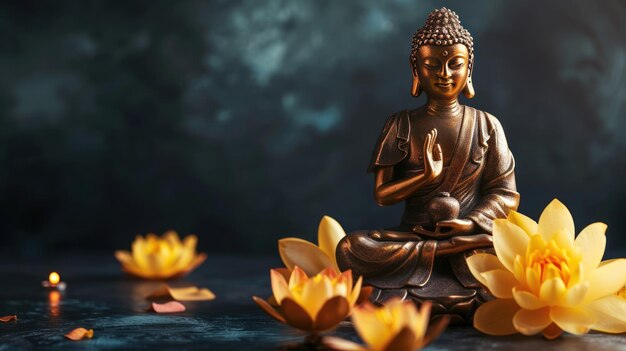 A buddha statue with yellow lotus flower empty space AI generated image