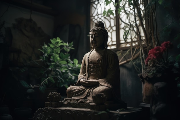 Buddha statue on wooden surface by window created using generative ai technology