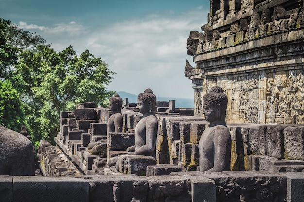 Buddha statues in Buddist temple of Borobudur in Yogyakarta. Java, Indonesia