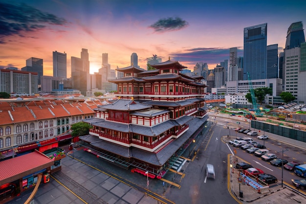 Buddha Tooth Relic Temple at sunrise in China town Singapore