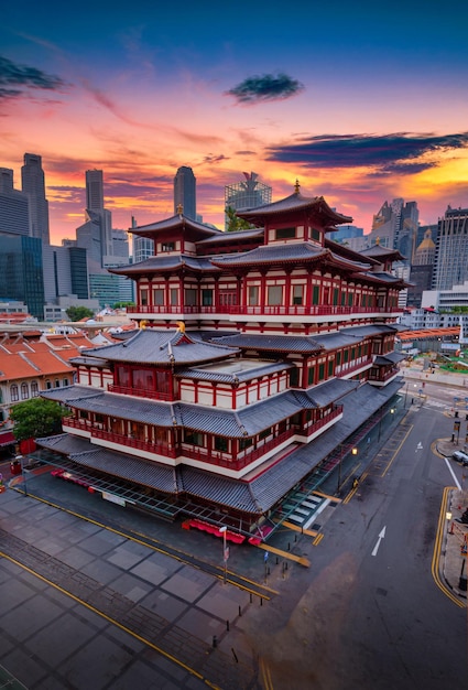 Buddha Tooth Relic Temple at sunrise in China town Singapore