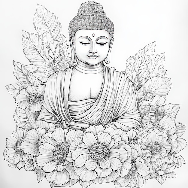 Photo buddha with flowers and leaves coloring book for adults