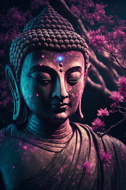 Buddha with his eyes open under a lotus tree spiritualcore Generative AI