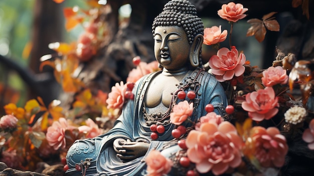 Buddhism statue in floral garden scene background