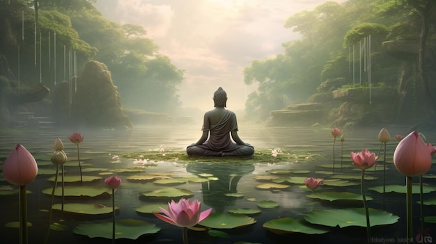 buddhist meditates by lotus pond tranquil harmony