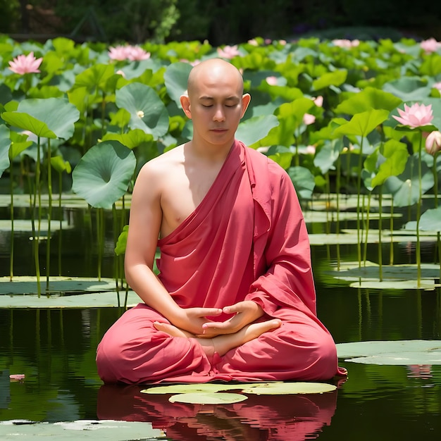 Buddhist meditates in tranquil pond surrounded by lotus generative AI