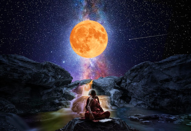 Buddhist monk in front of the full moon