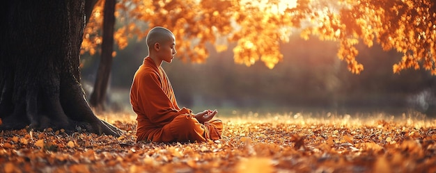 Photo buddhist monk meditating in autumn forest at sunset