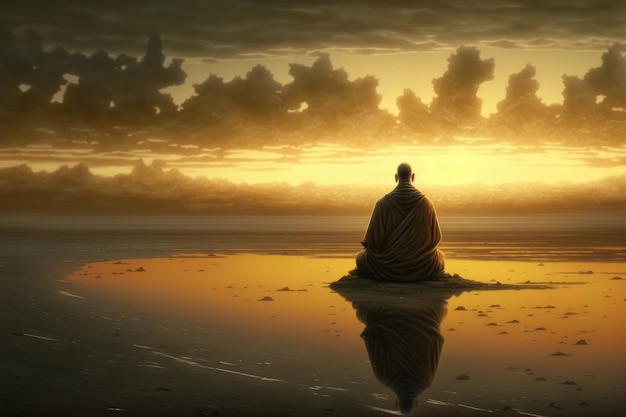 Buddhist monk meditating on calm lake at morning sunrise