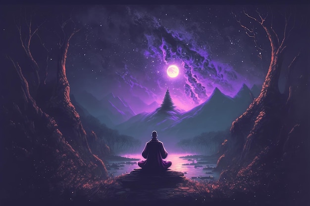 Buddhist monk meditating under star night sky