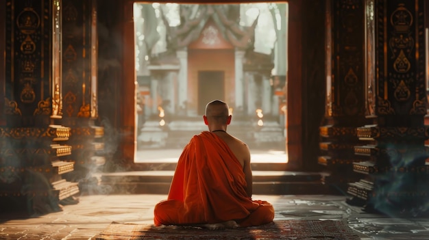 Photo a buddhist monk meditating in a temple