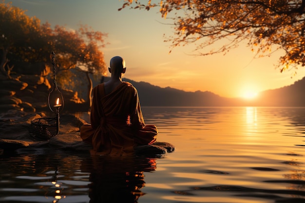 Buddhist monk in meditation by a tranquil river Generated with AI