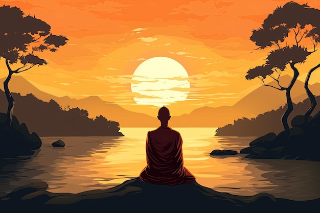 Buddhist monk in meditation by a tranquil river Generated with AI