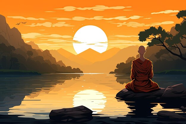 Buddhist monk in meditation by a tranquil river Generated with AI