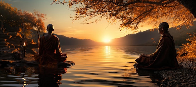 Buddhist monk in meditation by a tranquil river Generated with AI