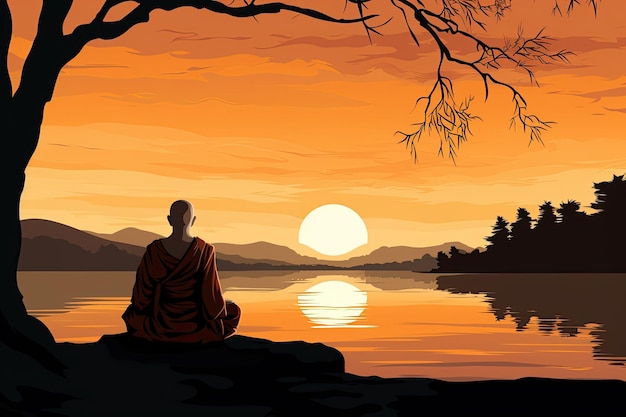 Buddhist monk in meditation by a tranquil river Generated with AI