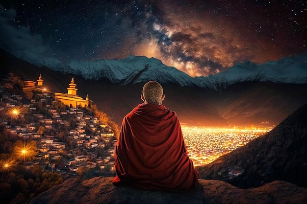 Buddhist monk sits on mount and looks at city and mountains at night generative AI