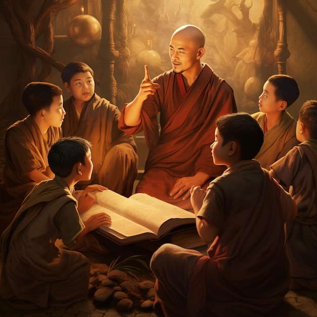 Photo a buddhist monk teaching his students illustration attention to detail high quality