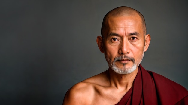 Buddhist monk with serious expression facing the camera