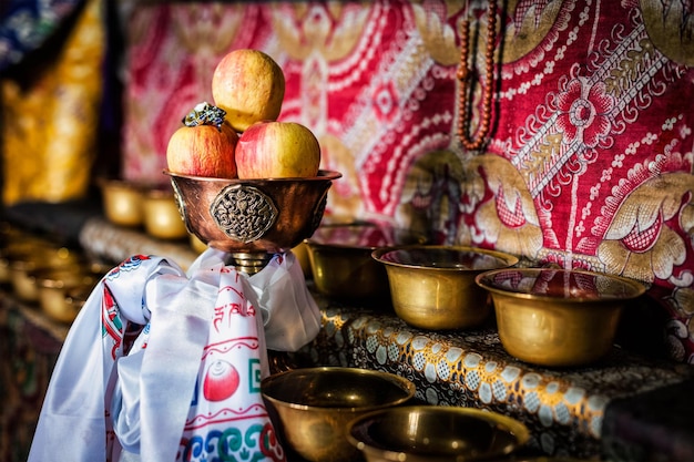 Buddhist offerings Thiksey monastery Ladakh India