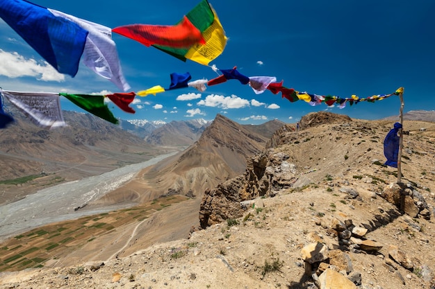 Buddhist prayer flags lungta with mantra written on it Spiti Valley India