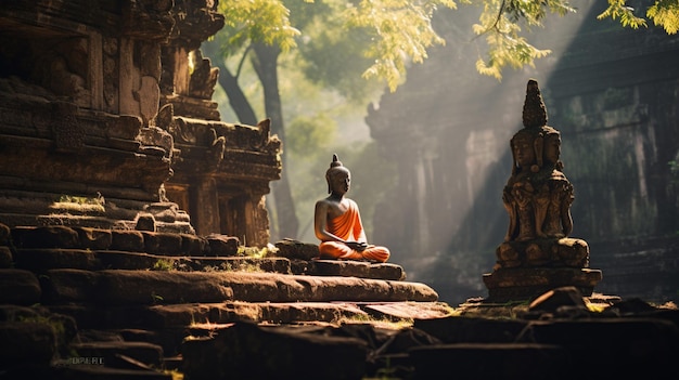 buddhist sculpture in tranquil scene ancient architecture