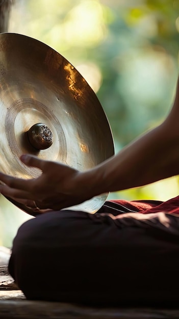 Photo buddhist sound therapy session focused on anxiety relief and stress management in tranquil outdoor