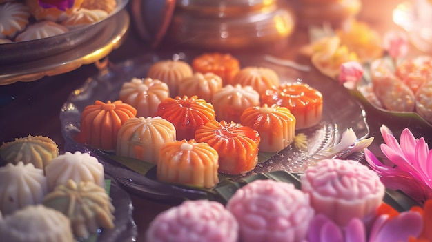 Photo buddhist sweets and flowers in soft light