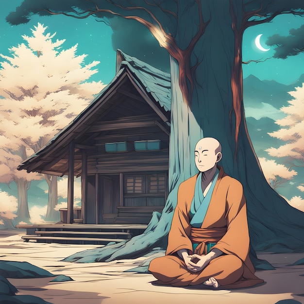 A buddism monk meditating outside of a monk temple on a sunny day