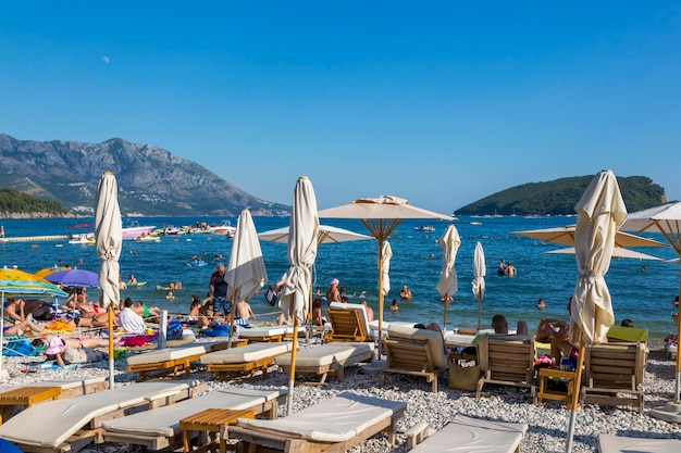 Budva Montenegro August 02 2017 People rest on the beach in the city of Budva Montenegro