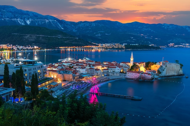 Budva old town evening aerial view, Montenegro.