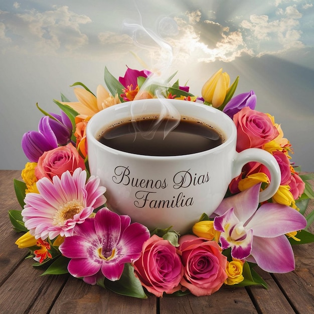 Photo buenos dias familia a serene morning coffee with flowers