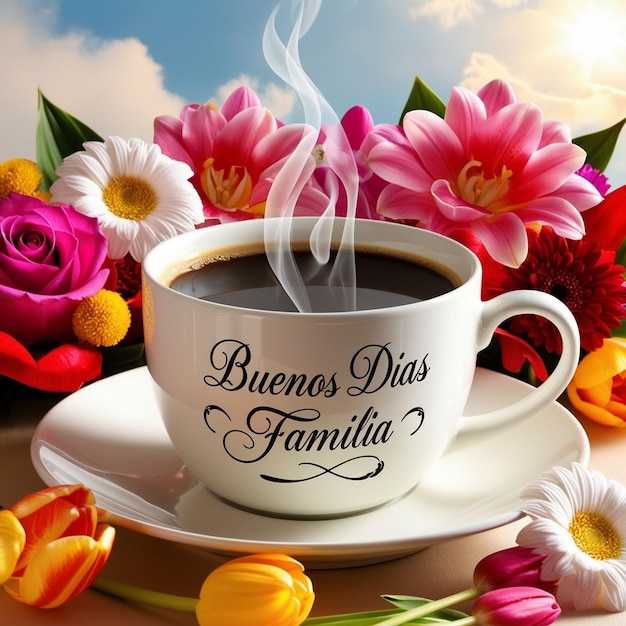 Photo buenos dias familia a serene morning coffee with flowers