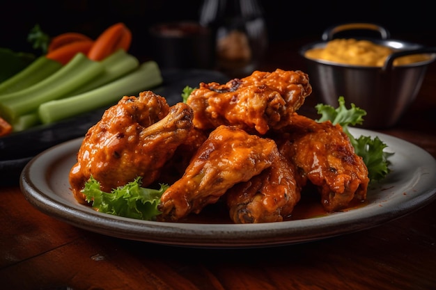 Buffalo chicken wings on a plate in a restaurant serving closeup Generative AI