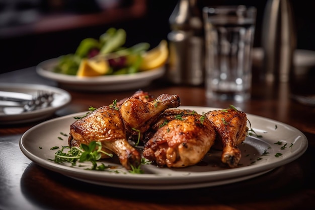 Buffalo chicken wings on a plate in a restaurant serving closeup Generative AI