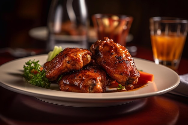 Buffalo chicken wings on a plate in a restaurant serving closeup Generative AI