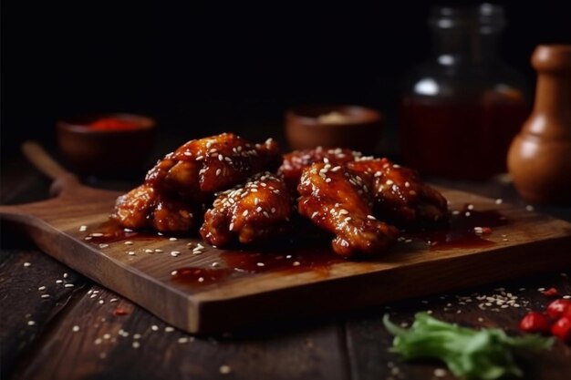 Buffalo chicken wings with sesame seeds on a wooden board Generative AI