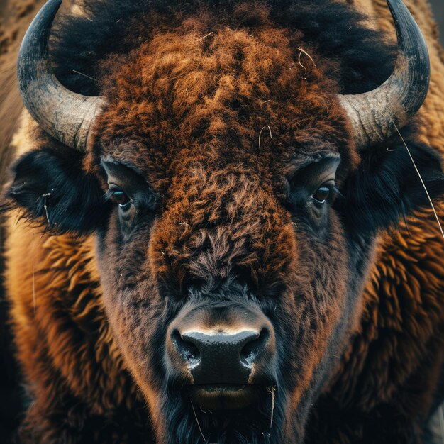 Buffalo Face Portrait Closeup of Wild Bison Mammal Wildlife Animal with Horns