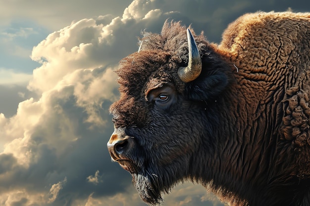 Photo a buffalo is standing in front of a cloudy sky