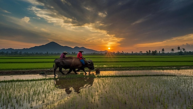 buffalo plowing a rice field where people ride on a sunny sunset day