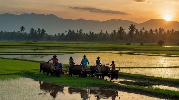 buffalo plowing a rice field where people ride on a sunny sunset day