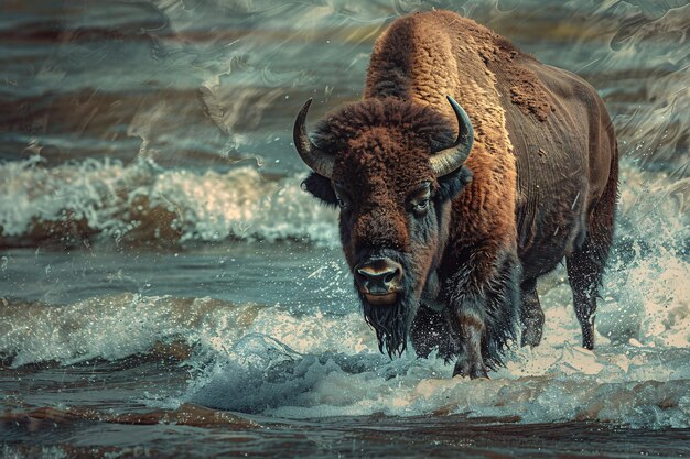 Photo a buffalo running through water