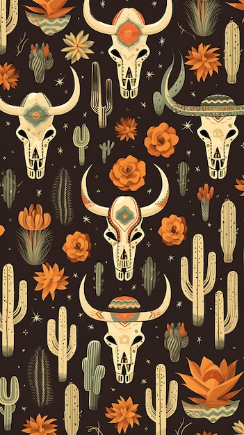 Buffalo Skull and cactus hand drawn illustration Seamless pattern Wild west print Illustrator