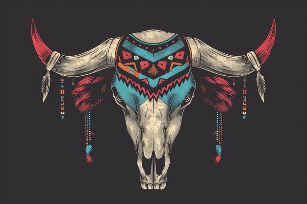 Buffalo Skull Flat Icon Dead Animal Tribal Totem Symbol Cow Head Bones Color Illustration